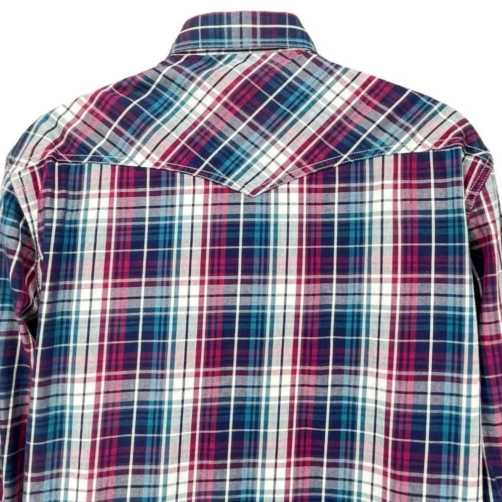True Religion Mens‎ XL Plaid Western Pearl Snap Shirt Red Blue